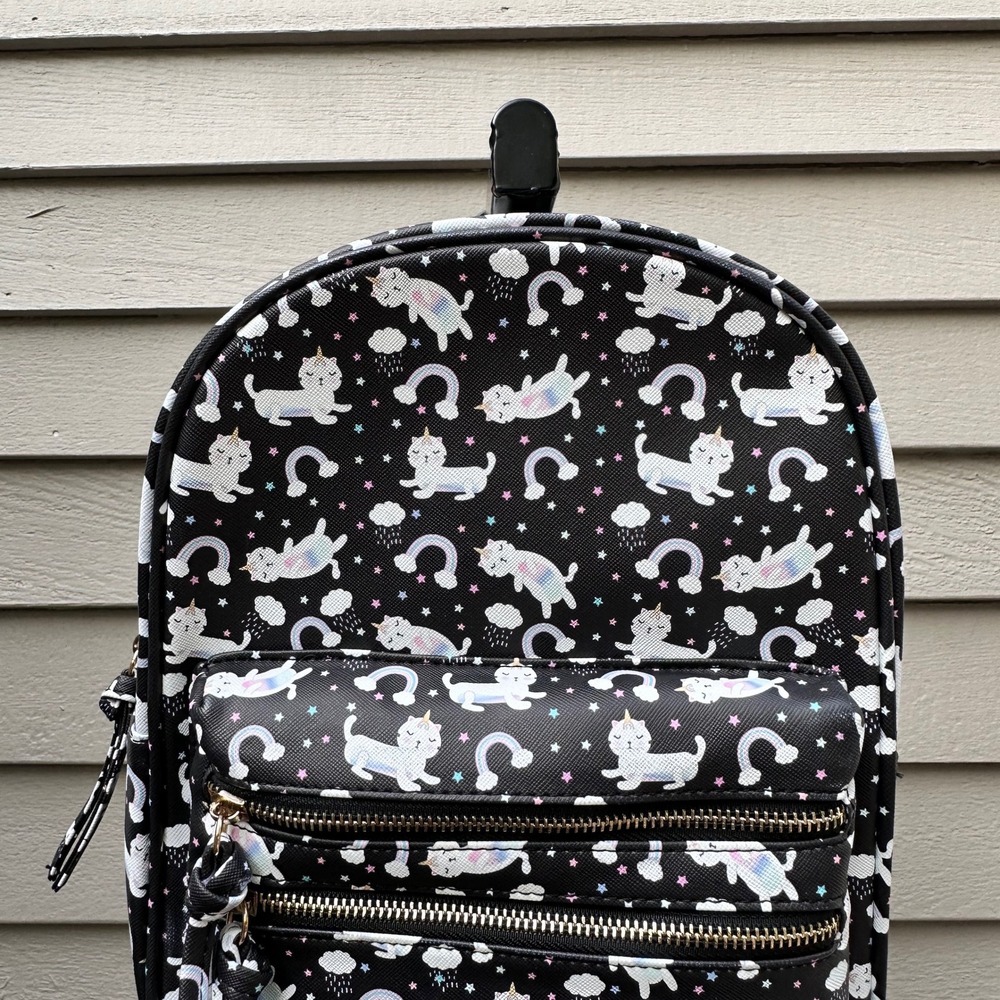 Under One Sky Caticorn Rainbow Mini Backpack Black Faux Leather Kawaii Bag - Picture 3 of 11